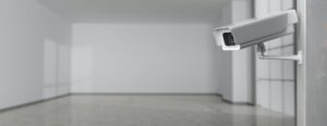 Surveillance cam, CCTV system indoors. 3d illustration