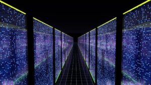 Modern data center servers room with neon lights AI iot learning 3d rendering