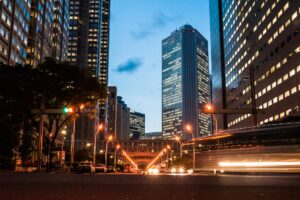 Street near Tokyo Metropolitan Government building in Shinjuku, Japan