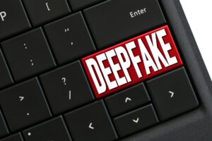 Computer keyboard with red Deepfake button key. Deepfake dangers online.